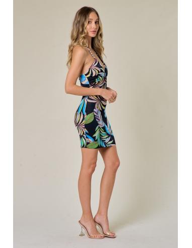 Robe à imprimé tropical dos nu, sans manche et nouée au cou