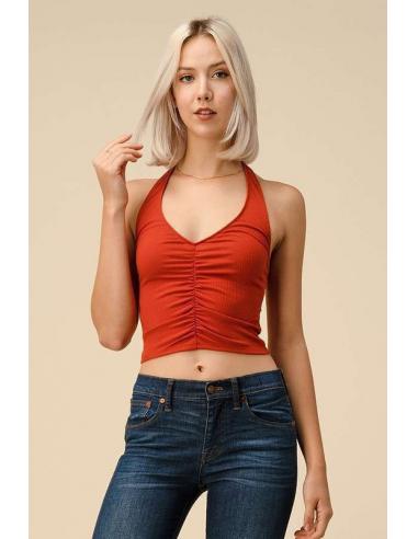 Crop top à dos nu côtelé à fronces sur le devant